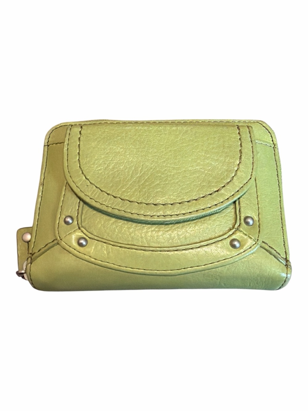 Vintage Fossil Avocado Green Leather Zip-Around Wallet with Floral Interior - Picture 3 of 7